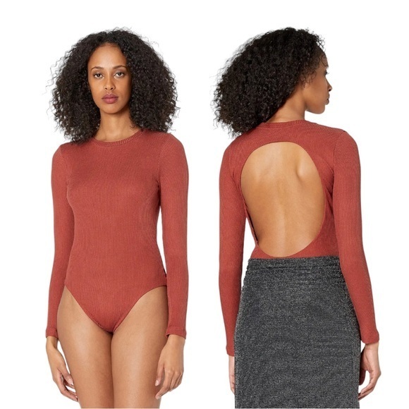 NWT All Saints Molly Long Sleeve Ribbed Open Back Bodysuit in Wild Berry Red - Picture 1 of 14